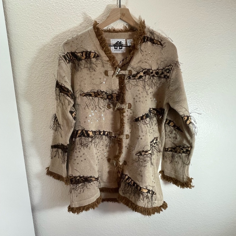 Vintage StoryBook Knits Cotton/Ramie Leopard Detail Sweater Cardigan Size M